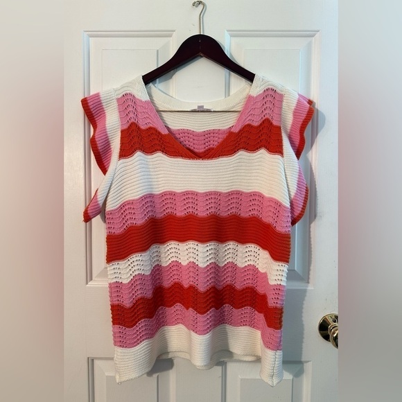 THML Anthropologie M Knit Cotton Sweater Wavy Stripe V Neck Flutter Sleeves Pink - Picture 5 of 12